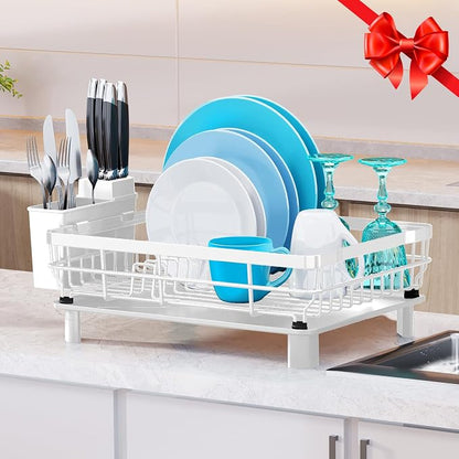 MOUKABAL Dish Drying Rack, Dish Rack, Stainless Steel Dish Racks for Kitchen Counter, Dish Drainer with Removable Utensil Holder, Drainboard (White,13''W x 17''L)