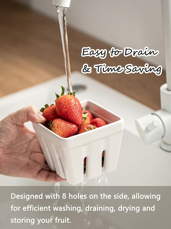 Gomakren Ceramic Fruit Basket Set of 2, Square Fruit Bowls with Holes, Rustic Berry Basket Containers for Kitchen Fridge, Berries, Strawberry, Grape, Cherry - Cream White