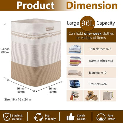 96L Extra Large Cotton Rope Laundry Basket for Bedroom & Laundry Room, Tall Clothes Hamper with Sturdy Handles, Neutral Storage Bin Capable of Holding Blankets and Toys