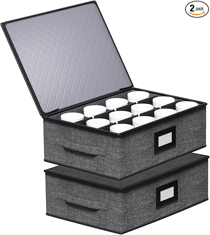 Aokeyee 2-Pack Cup & Mug Storage Box with Dividers, Hard Shell Organizer with Lid, Handles, Zippers & Label Slot, Holds 24 Mugs, Teacups & Glasses, Stackable Containerfor Moving & Protection, Grey