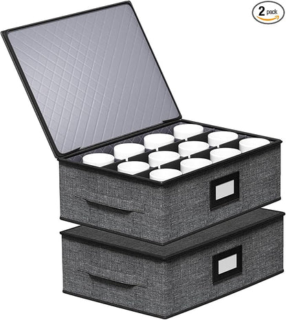 Aokeyee 2-Pack Cup & Mug Storage Box with Dividers, Hard Shell Organizer with Lid, Handles, Zippers & Label Slot, Holds 24 Mugs, Teacups & Glasses, Stackable Containerfor Moving & Protection, Grey