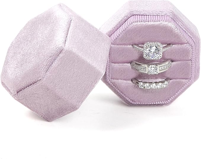 Velvet Ring Box, 3 Slots Wedding Ring Box, Vintage Octagon Premium Jewelry Display Holder Gift Box with Detachable Lid for Engagement Wedding Box Keepsake Box Bridal Photo
