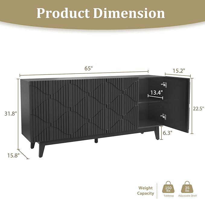 Buffet Cabinet with Storage, Distressed Storage Cabinet with 4 Carved Doors and Adjustable Shelf, Wooden Accent Sideboard Buffet Cabinets for Kitchen, Living Room, Entryway, Black