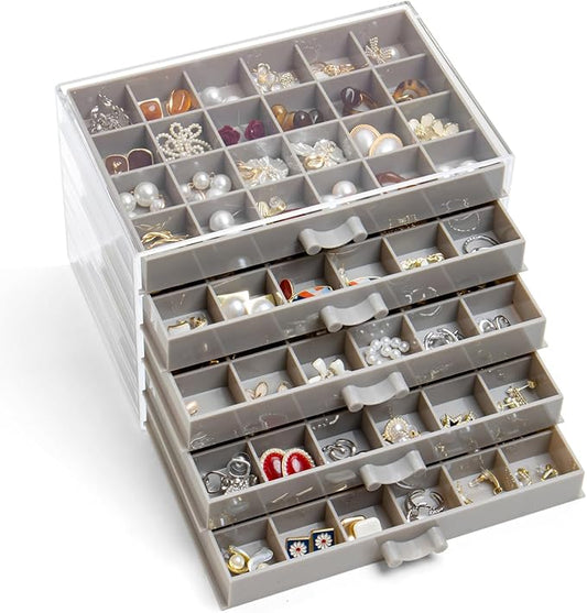 YUFONG Earring Storage Box Organizer, Acrylic Jewelry Storage Box Holder 5 Drawers Transparent Jewelry Display Stand with 120 Small Compartments Gift Boxes for Women Girls (Gray)