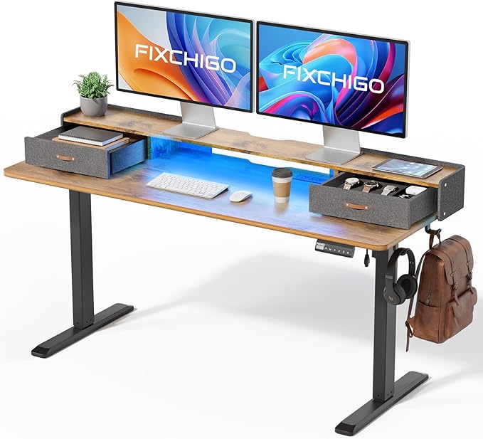 Electric Standing Desk with Drawers, 63 Inch Height Adjustable Desk with Power Outlets & LED Lights, Sit Stand Table with Monitor Stand for Home, Office, Rustic Brown