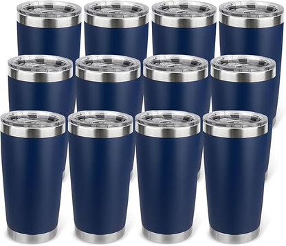 20oz Stainless Steel Tumbler Bulk with Lid, Travel Mug - Double Wall Vacuum Powder Coated Cup - Navy Blue, 12 Pack
