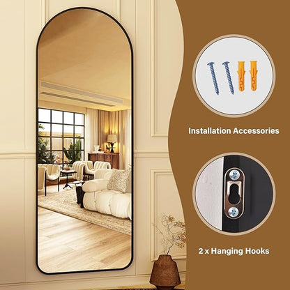 HARRITPURE 64"x21" Arched Full Length Mirror Floor Mirrors with Aluminum Alloy Frame Free-Standing Wall Mounted or Leaning Large Bedroom Dressing Mirror Modern & Contemporary Decor for Home,Black