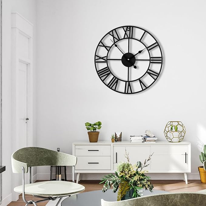 Blorple 20inch/50cm Large Wall Clocks for Living Room Decor,Modern,Battery Operated,Silent,Non Ticking,Big Black Round Wall Clock for Home,Farmhouse,Office,Decoration(Iron Roman Numerals, 20 inches)