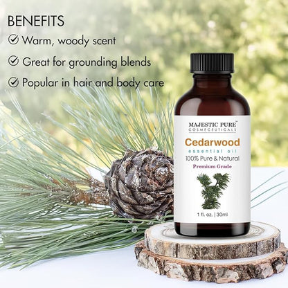 Majestic Pure Essential Oil with Glass Dropper - 100% Pure and Natural - Essential Oils for Diffuser, Aromatherapy, Soap and Candle Making, Cedarwood Essential Oil, Cedarwood Oil, 1 Fl Oz