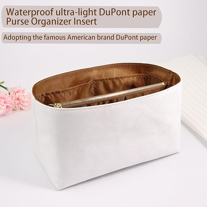 Purse Organizer Insert for handbag，Dupont paper Ultra-Light weight Bag Organizer Insert for LV Speedy 30 Waterproof (Large-white brown)