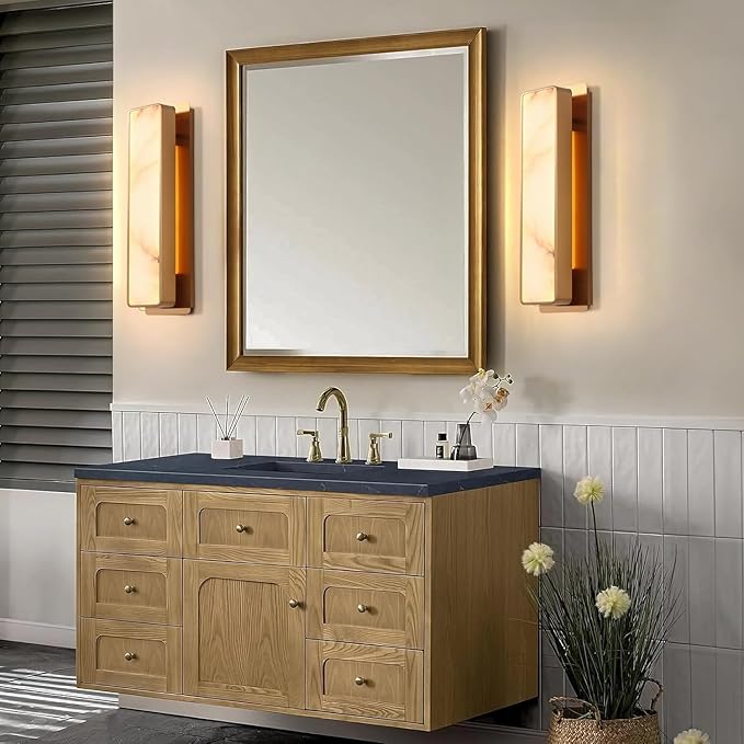 LED Natural Alabaster Wall Sconces,15W Warm Yellow 2700K Wall Mounted Wall lamp Indoor,Alabaster Gypsum Wall Mounted Lighting for Living Room (Brass Gold)