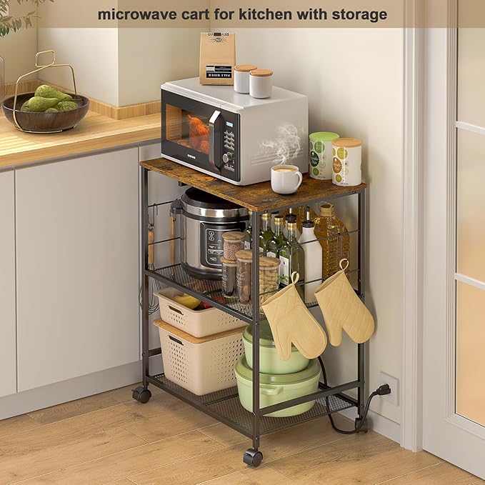 ThreeHio Rolling Kitchen Microwave Cart with Power Outlet, 3 Tier Microwave Table Stand with Storage, Kitchen Utility Cart on Wheels, Small Coffee Cart Shelf Rack Organizer for Living Room Office