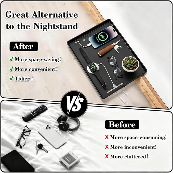 Bedside Shelf for Bunk Beds, Clip On Bed Table with Charging Cable Organizer, Floating Nightstand for Small Spaces, Dorm Room & Kids Room Essentials, Black