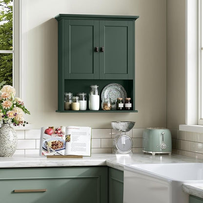 Bathroom Wall Cabinet, Wooden Medicine Cabinet Above Toilet Storage Cabinet with Doors and Adjustable Shelf Wall Mounted Storage Organizer Cabinet Over Toilet Cabinet (Forest Green)