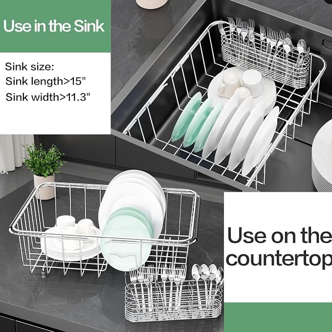 Fanbsy Large Dish Drainer Rack in Sink Adjustable, Expandable 304 Stainless Steel Metal Dish Drying Rack Organizer with Stainless Steel Utensil Holder Over Inside Sink Counter, Rustproof