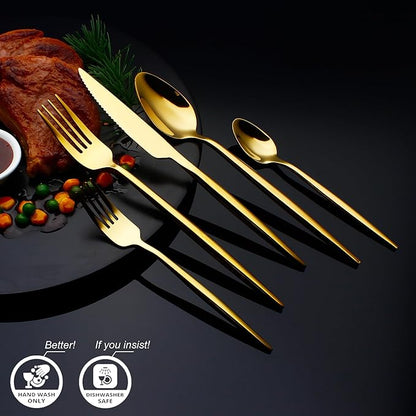CHAAMFORGE 20 Piece Luxury Silverware Set for 4 Gold Mirror-Polished 18/10 Stainless Steel Heavy Flatware Set Modern Cutlery Set Knife/Fork/Spoon with Gifts for Home & Restaurant
