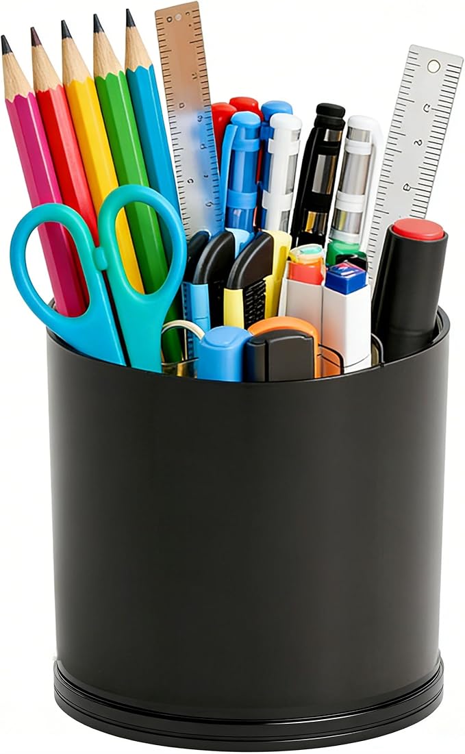 Yieach 360 Rotating Acrylic Black Pen Holders and Pencil Cups for Desk,Small Cute Desk Organizers Accessories and Makeup Brush Holder,Spinning Pencil Caddy School Supplies Organizer for Teacher,1PCS