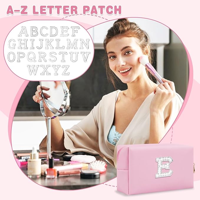 ChaoGreat Bride Gifts – Personalized Initial Makeup Bag with Pearl Rhinestone Patch, Preppy Pink Monogram Cosmetic/Toiletry Pouch, bridesmaid Gifts, Bridal Shower Gifts, Wedding Gifts, Bridal Gifts,E