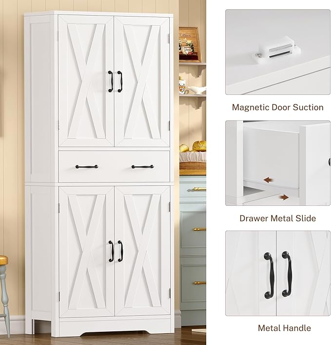 TEENFON Tall Storage Cabinet with 2 Adjustable Shelves & 1 Large Drawer, Kitchen Pantry Cabinet with 4 Doors, Bathroom Storage Cabinets, for Living Room, Kitchen, Bathroom, White