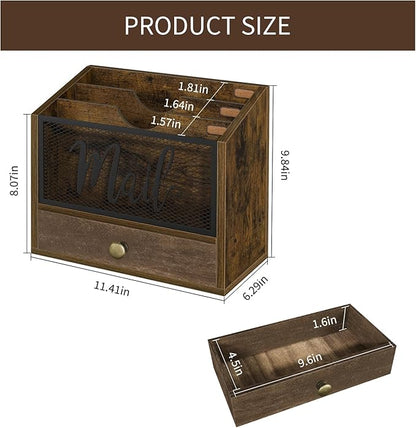 YINMIT Mail Organizer Countertop with 3 Compartments and Drawer, Mail Holder Sorter for Desk, Mail Organizer Wall Mounted, Countertop Desk Office Accessories Organizer for File Paper Folder