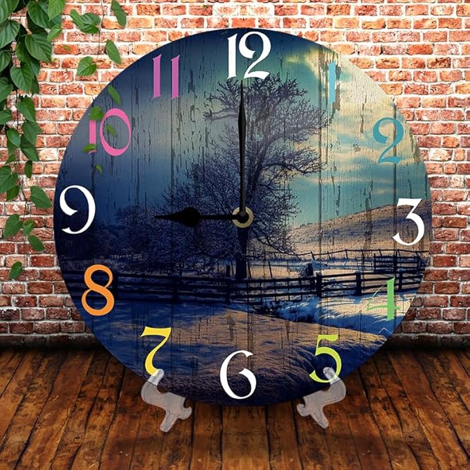 Winter Scenery Wall Clock 10 Inch Silent Non Ticking Battery Operated Wooden Modern Office Simple Minimalist Clock Decorative for Kitchen Home Bathroom Living Room