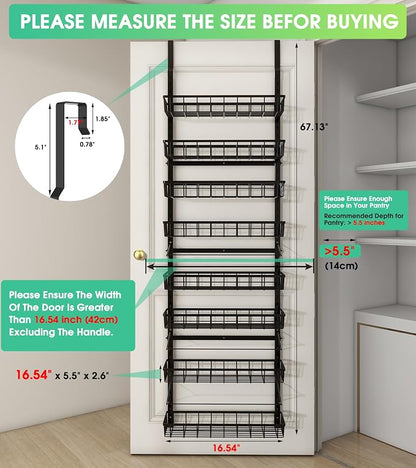 Mefirt Over The Door Pantry Organizer, Wall Mount Spice Rack, Pantry Hanging Storage and Organization, 8 Adjustable Baskets Heavy-Duty Metal for Home & Kitchen, Back of Door Seasoning Rack - Black