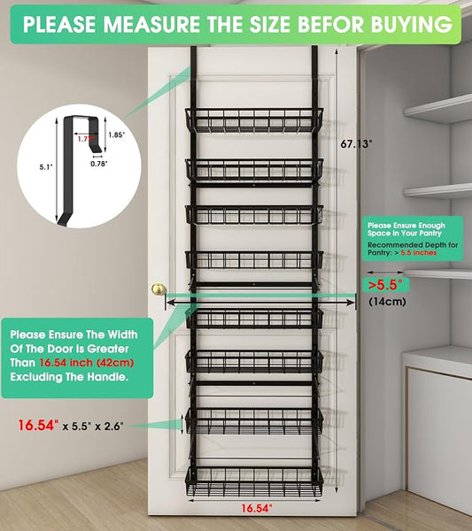 Mefirt Over The Door Pantry Organizer, Wall Mount Spice Rack, Pantry Hanging Storage and Organization, 8 Adjustable Baskets Heavy-Duty Metal for Home & Kitchen, Back of Door Seasoning Rack - Black