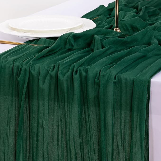 Socomi Emerald Green Cheesecloth Table Runner Valentine's Day Boho Rustic Gauze 120 inch 10FT Cheese Cloth Runner for Wedding Party Baby Shower Birthday Home Decor Holiday Decorations