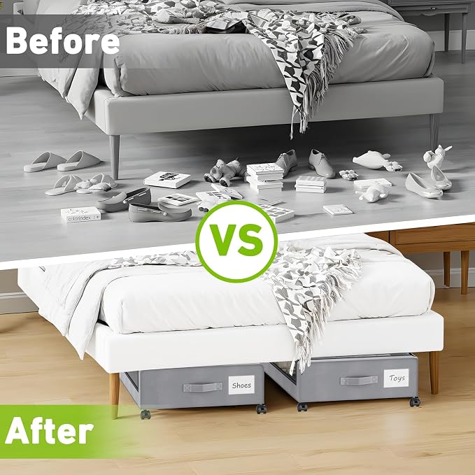 Molutsody Under Bed Storage with Wheels, 4-Pack Underbed Storage Containers with Clear Lids, Under Bed Shoe Storage Organizer, Rolling Under Bed Storage for Clothes Shoes Blankets (Grey)