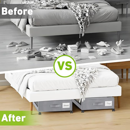 Molutsody Under Bed Storage with Wheels, 2-Pack Underbed Storage Containers with Clear Lids, Under Bed Shoe Storage Organizer Bins, Rolling Under Bed Storage for Clothes Shoes Blankets (Grey)