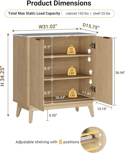 Sideboard Cabinet, Small Buffet Cabinet, Modern Fluted Storage Cabinet with Faux Marble Top & Adjustable Shelf, Accent Credenza Sideboard for Kitchen, Living Room, Entryway