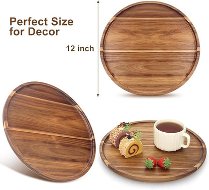 Acacia Round Wood Tray Decorative Serving Trays for Ottoman Coffee Table Candle Holder Tray Kitchen Counter Island Accents Home Decor Circle Circular Wood Centerpiece Trays for Dining Room Table