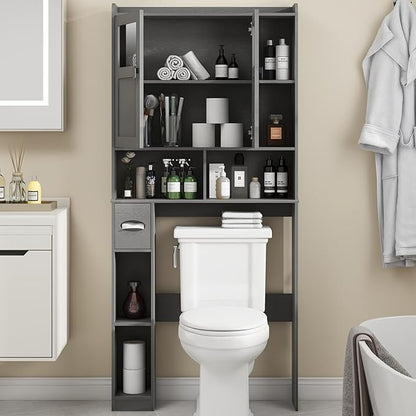 Vabches Over The Toilet Storage Cabinet, Bathroom Shelf Over Toilet with Glass Doors and Adjustable Shelves, Natural Grey Freestanding Home Space Save Toilet Rack, for Restroom, Bathroom, Laundry