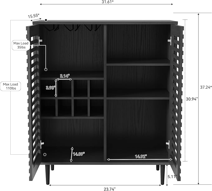 Mid Century Bar Cabinet with Wine Racks, Modern Liquor Cabinet with Slatted Doors for Dining Room, Living Room (Black)
