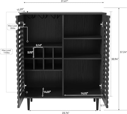 Mid Century Bar Cabinet with Wine Racks, Modern Liquor Cabinet with Slatted Doors for Dining Room, Living Room (Black)