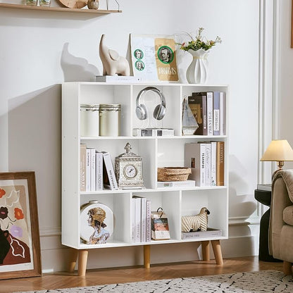 LEYAOYAO 8 Cube Bookshelf,3 Tier Bookcase with Legs,White Mid-Century Modern Bookshelves,Large Open Storage Organizer Shelf, Wooden Book Case