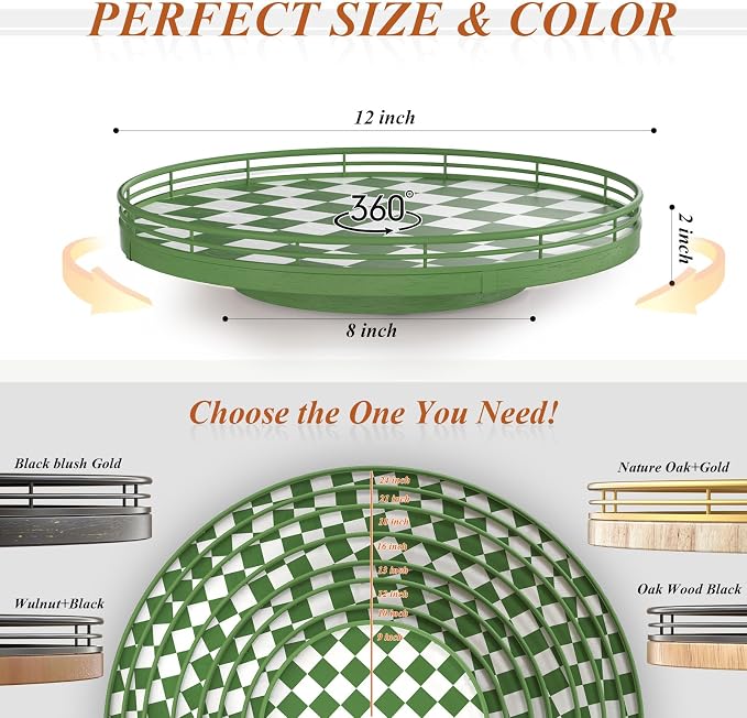 Premium Rubber Wood Lazy Susan Turntable, Green White Checkerboard Decorative Serving Tray, Hand-Welded Metal Railing, Stable Rotating Organizer for Dining Table, Kitchen Counter, Coffee Table Decor