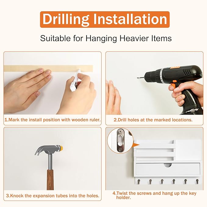 Key and Mail Holder for Wall, Mail Organizer Wall Mount with 6 Hooks and Storage Drawer, Wooden Key Rack Hanger with Shelf for Entryway and Home Decor