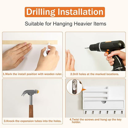 Key and Mail Holder for Wall, Mail Organizer Wall Mount with 6 Hooks and Storage Drawer, Wooden Key Rack Hanger with Shelf for Entryway and Home Decor