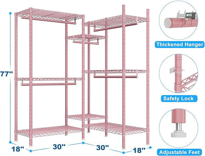 Raybee Clothes Rack, Clothing Racks for Hanging Clothes, L Shaped Clothing Rack for Corner 900LBS Heavy Duty Clothes Rack Garment Rack 74.5" W X 18" D X 77" H, Pink