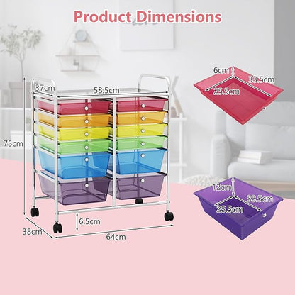 Happygrill 12-Drawer Rolling Storage Cart, Multipurpose Organizer Cart for Home Office School, Utility Cart with Wheels, (Colorful Clear)