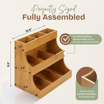Tea bag organizer with 3-tier storage & 4 matching coasters. Fully assembled. Deluxe bamboo tea organizer for tea bags, coffee pods, condiments and pantry organization. Holds up to 180 tea bags.