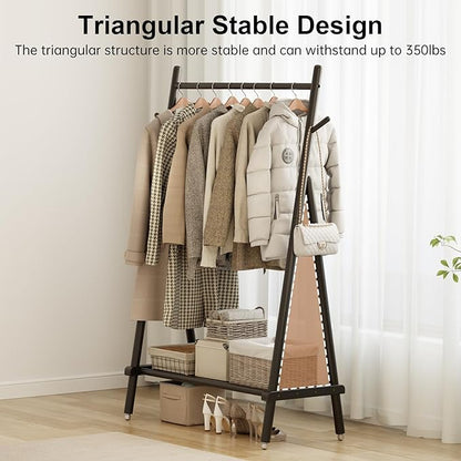 Solid Wood Clothing Rack, Rolling Clothes Rack for Hanging Clothes, Garment Rack with Shelves Load 350 Lbs, Portable Closet Organizer on Wheels for Hanging Clothes (Black)
