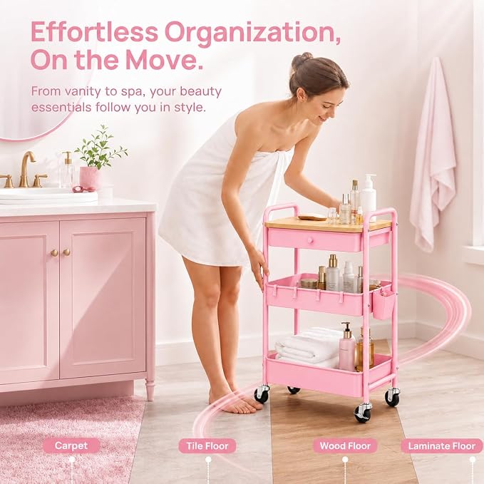 3 Tier Pink Rolling Cart with Drawer for Makeup Storage, Metal Utility Cart with Wheels, Make up Shelf Hair/Lash/Nail Polish/Skincare/Perfume Organizer, Floor Storage Vanity Carts for Bathroom,Salon