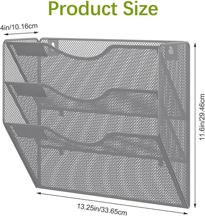 EasyPAG 3 Pocket Mesh Wall File Organizer, Hanging Paper Folder Holder with Classify Label, Vertical Wall Mount Mail Organizer for Office Home Classroom, Silver