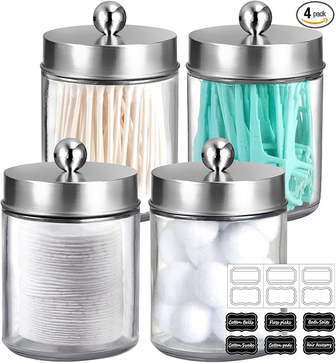 Amolliar 4 Pc Glass Apothecary Jars - Countertop Qtip Dispenser Holder with Stainless Steel Lids&Cute Stickers -Bathroom Vanity Storage Organizer Set for Qtips,Cotton Swabs/Rounds (Brushed Nickel)