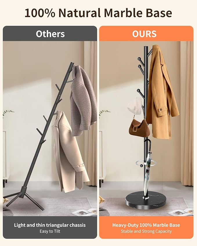 ZOZOE Metal Coat Rack Stand, Modern Coat Rack Freestanding with Natural Marble Base, Sturdy Industrial Coat Racks with 8 Hooks & Umbrella Holder,Black Coat Tree Hanger Stand for Entryway,Office