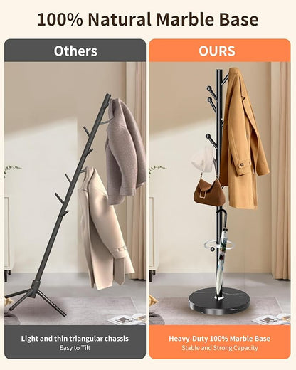 ZOZOE Metal Coat Rack Stand, Modern Coat Rack Freestanding with Natural Marble Base, Sturdy Industrial Coat Racks with 8 Hooks & Umbrella Holder,Black Coat Tree Hanger Stand for Entryway,Office