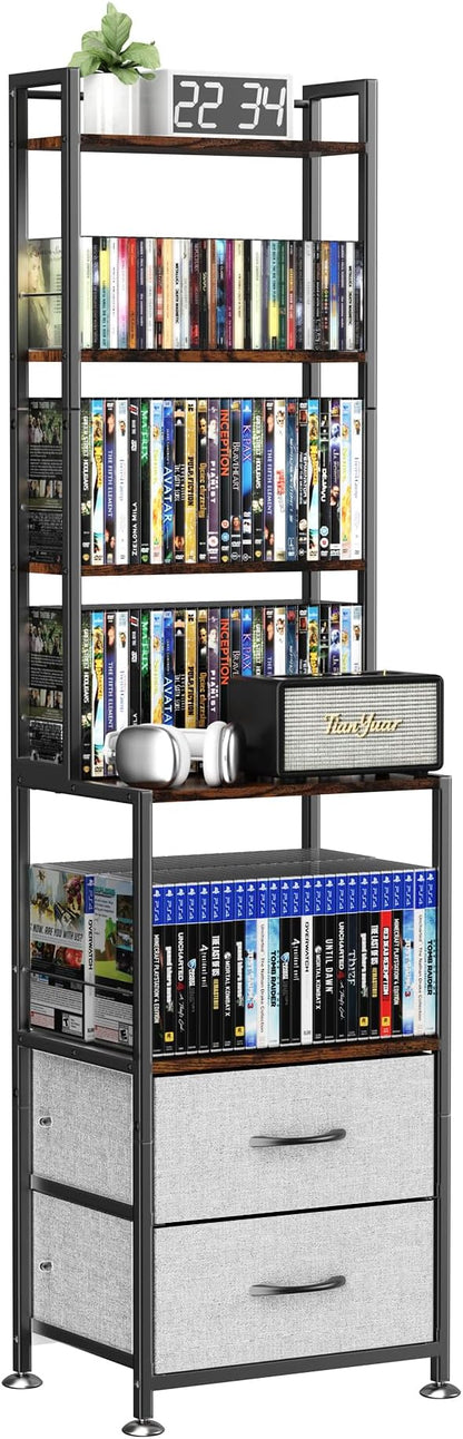 DVD Storage, Mutli 7-Tier DVD Storage Rack and Shelving, DVD Dispaly Shelf, CD Rack Tower for DVDs CDs Book Organizer with Drawers, Media Shelf, Manga Bookshelf for Gaming Media Moive Room