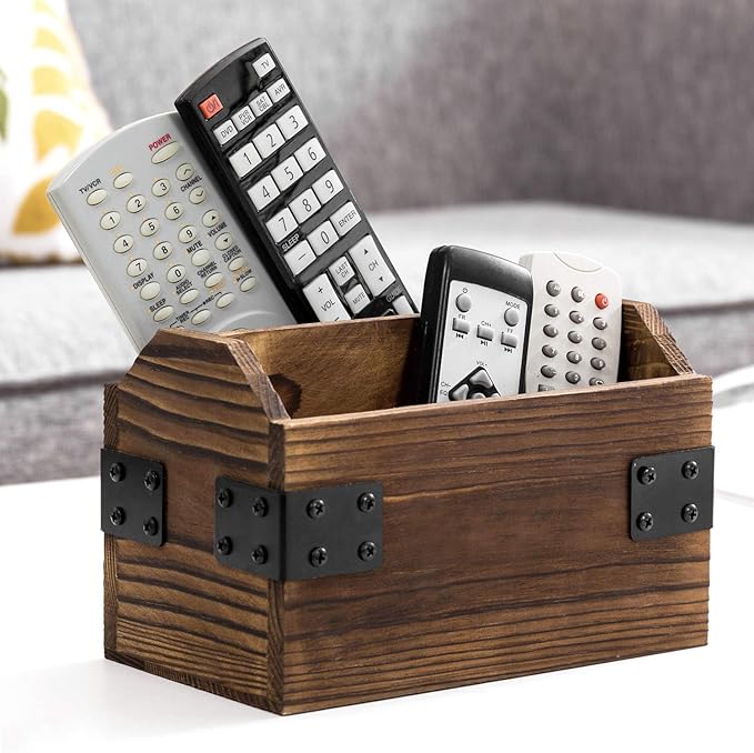 MyGift Wood TV Remote Control Holder, Remote Organizer Storage Caddy for Table with 2 Compartments and Decorative Black Metal Wrap Accents, Rustic Burnt